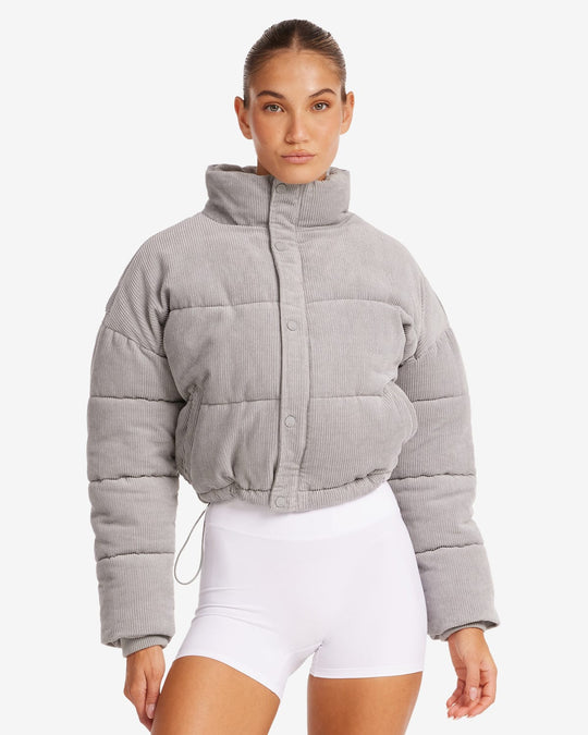 Corduroy Cropped Puffer Jacket | Grey