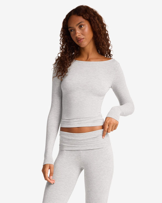 Boat Neck Long Sleeve Top | Snow Marl
