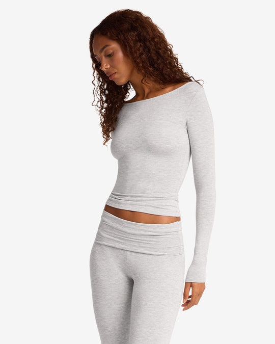 Boat Neck Long Sleeve Top | Snow Marl