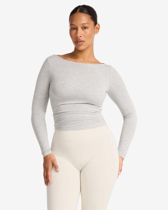 Boat Neck Long Sleeve Top | Snow Marl