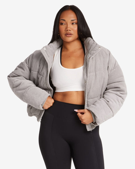 Corduroy Cropped Puffer Jacket | Grey