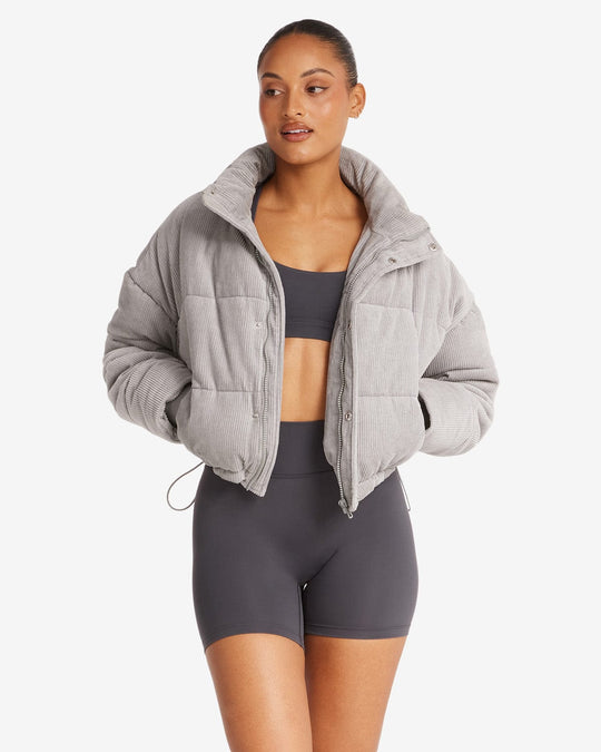 Corduroy Cropped Puffer Jacket | Grey