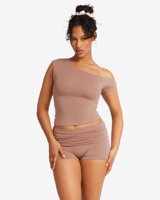 One Shoulder Capped Sleeve Top | Walnut